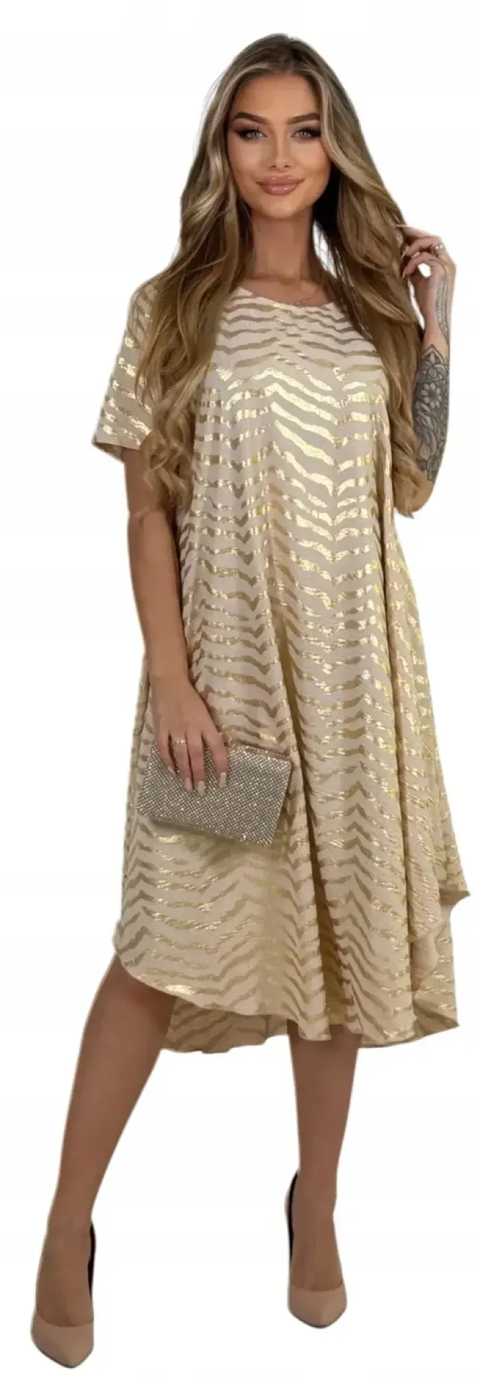 Jasno Beżowa Luźna Elegancka Sukienka