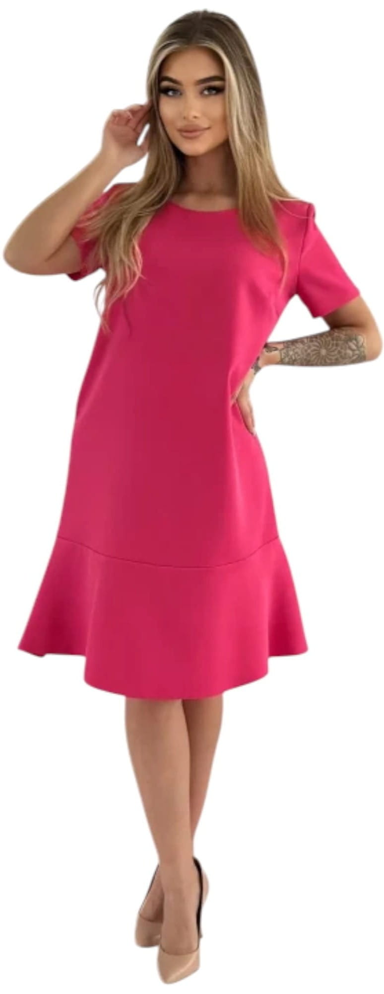 Różowa Elegancka Sukienka z Falbanką